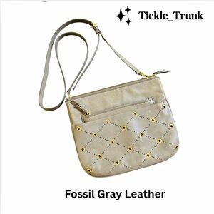 Fossil Gray Leather Crossbody Bag with Gold Accents